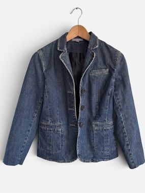 Ann Taylor Dark Wash Indigo Denim Structured Tailored Polished Blazer Jacket 4‎